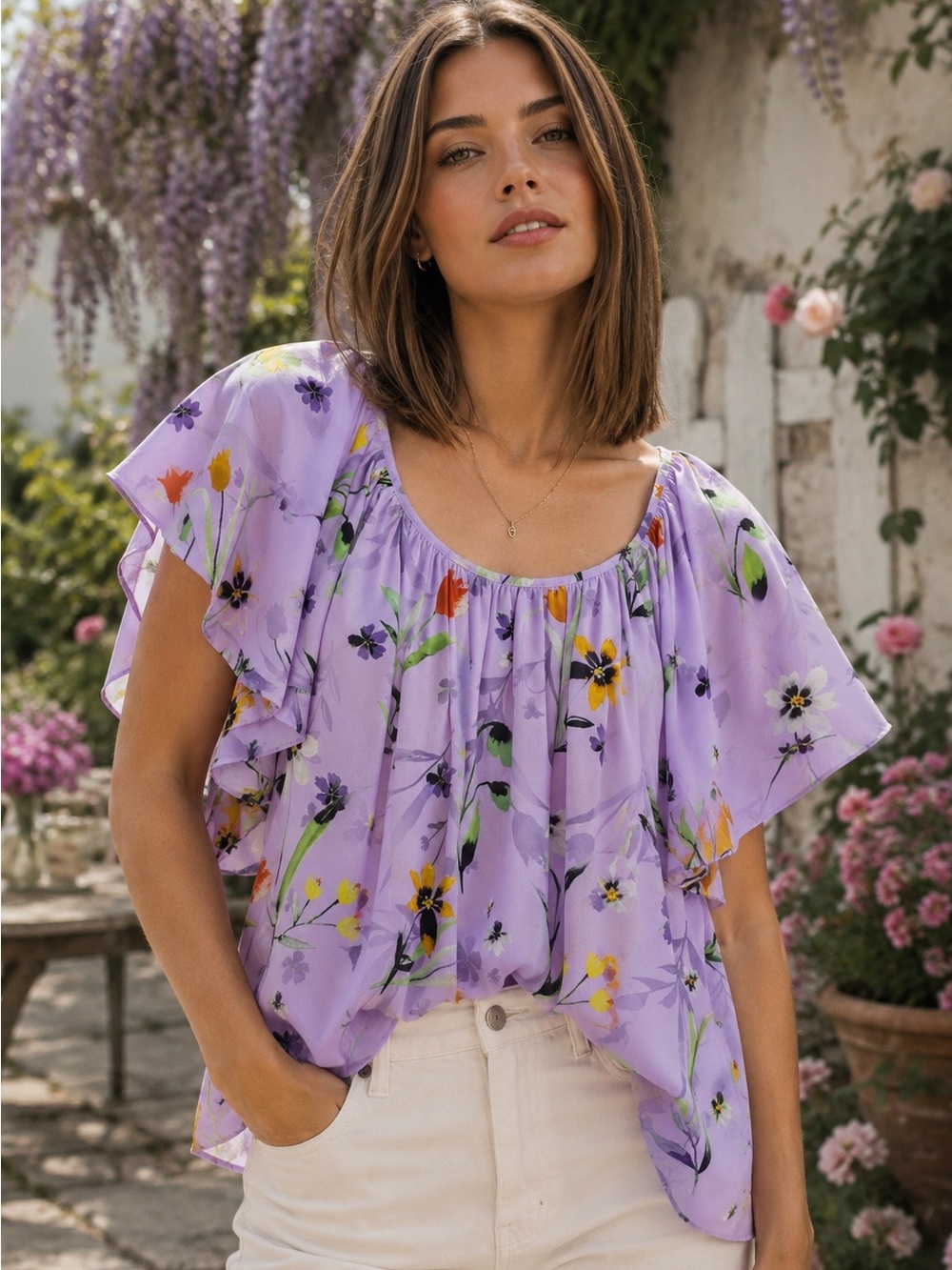 Cynthia Rowley Lavender Floral Flutter Sleeve Blouse Boho Large
